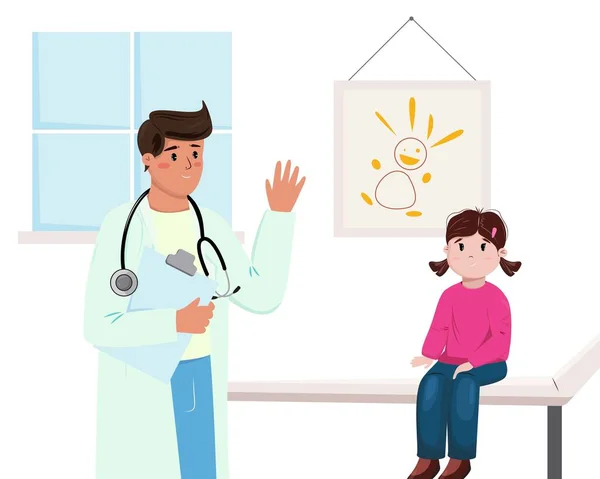 Médico Pediatra Revisando Pequeño Paciente Ilustración Con Médico Una Chica — Archivo Imágenes Vectoriales