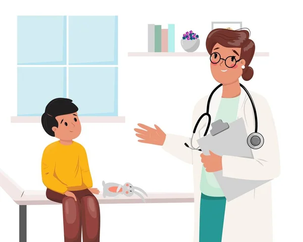 Ilustración Una Doctora Niño Hablando Sus Problemas Pediátrico Cuidado Salud — Archivo Imágenes Vectoriales