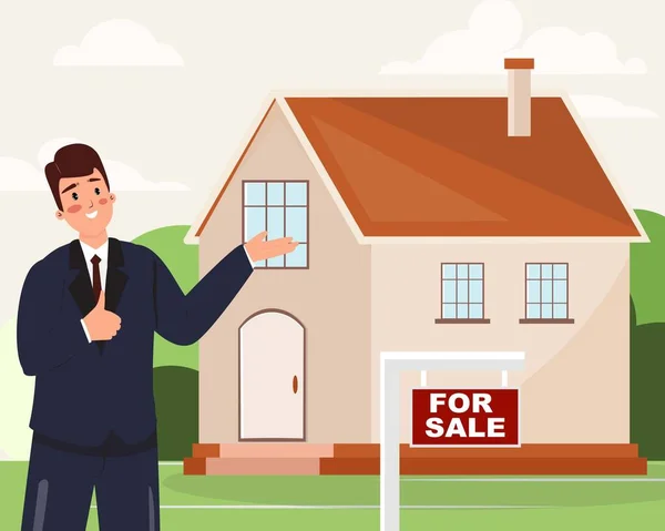 Illustration Real Estate Agent Showing House Sale Estate Property Agreement — Vector de stock