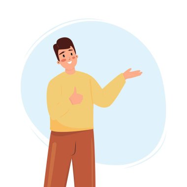 Illustration of a man showing and recommending products, service. Advertisement, recommendation concept illustration with a man. .