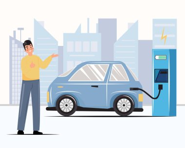 Man charging an electric car. Transportation, ecology, energy, lifestyle concept illustration. Electrified Future Transportation E-Motion. Vector illustration.
