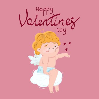 Cute happy kissing cupid sitting on the cloud. Happy Valentins Day. For banners, cards, web advertisements, backgrounds.