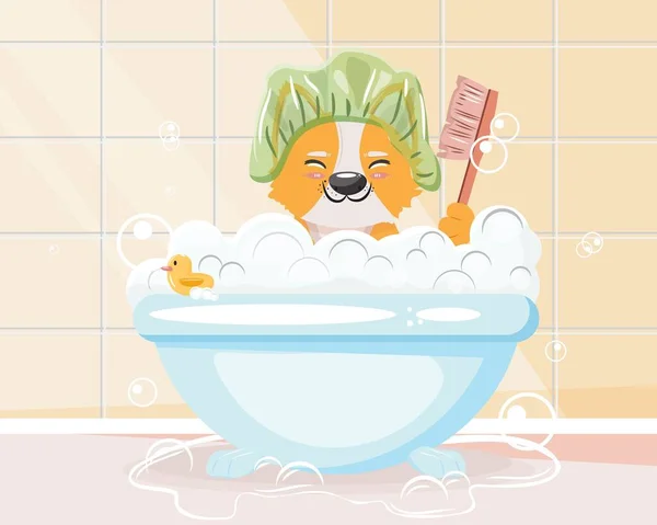 Bathing Dog Shower Cap Bathroom Cute Corgi Bathing Brush Lot — Stock Vector