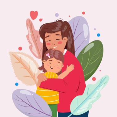Mother embracing her daughter. Template illustration for cards, backgrounds, vouchers. Happy Mothers day. 
