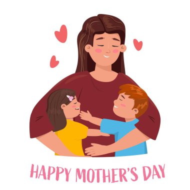 Anneler Günü için güzel bir karikatür çizimi. Anne, oğul ve kız. Mutlu Aile, Anneler Günü, Ebeveynlik konsepti çizimi.