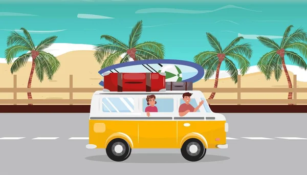 Paar Mit Minivan Strand Roadtrip Abenteuer Reise Reisekonzept Illustration — Stockvektor