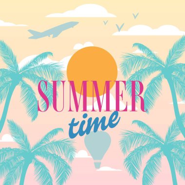 Palmiyeler, güneş, gökyüzü, uçak ve kuşlarla dolu bir yaz dönemi posteri. Kart şablonu, posterler, reklamlar..
