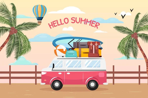 Cartaz Hora Verão Com Uma Minivan Bagagem Topo Movendo Ponte — Vetor de Stock