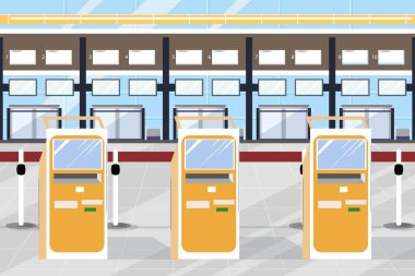 Havaalanı kapalı, giriş yap. Ulaşım, seyahat, seyahat, uçuş konsepti çizimi. İçerideki havaalanı binasının vektör illüstrasyonu.