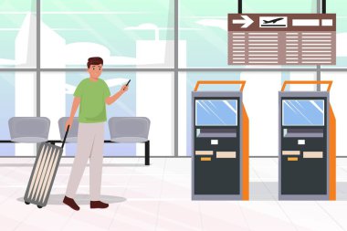 Havaalanında telefon ve otomatik makineyle kayıt yaptıran bir adamın düz çizimi. Ulaşım, seyahat, ulaşım kavramı.
