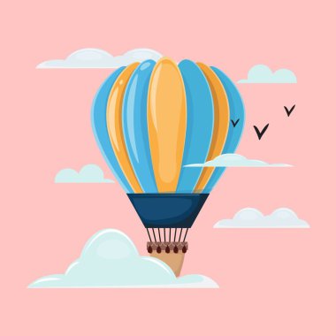 Bulutlardaki sıcak hava balonunun düz çizimi. Port, boş zaman, seyahat kavramı.. 