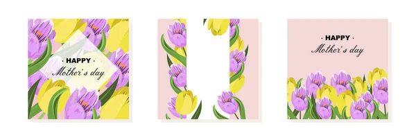 Fialové Žluté Květinové Šablony Tulipány Pro Šťastný Den Matek — Stockový vektor