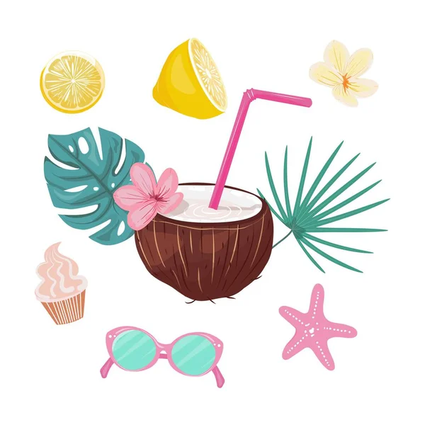 Cocktail Noix Coco Avec Des Éléments Tropicaux Été Nourriture — Image vectorielle