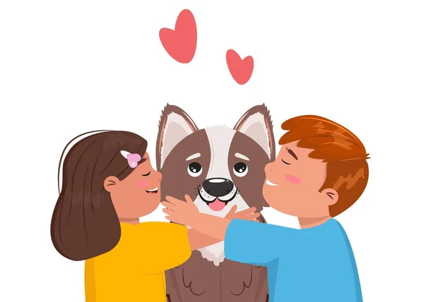 Vacker Platt Tecknad Illustration Pojke Flicka Och Deras Hund Barn — Stock vektor