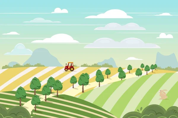 美丽的平面卡通画一个农田与红色拖拉机和可爱的兔子享受夏天的日出 — 图库矢量图片