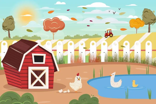 Cute Flat Cartoon Illustration Farm Birds Barn Harvest Fields Background — Stock Vector