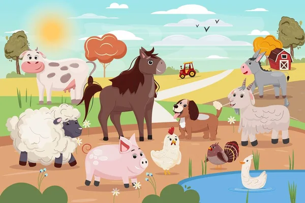 Όμορφη Επίπεδη Απεικόνιση Κινουμένων Σχεδίων Ζώα Αγρόκτημα Αγελάδα Χοίρος Άλογο — Διανυσματικό Αρχείο