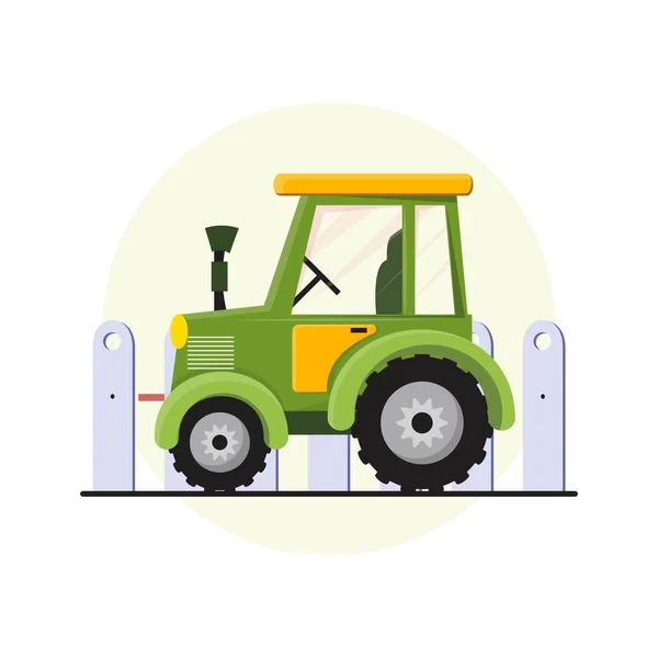 Karikatur Eines Grünen Traktors Mit Lila Zaun Auf Dem Hintergrund — Stockvektor