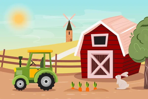 Фермерські Ілюстрації Зеленим Трактором Червоним Сараєм Морквою Милим Кроликом Концепція — стоковий вектор
