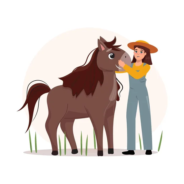stock vector Flat cartoon illustration of a female farmer stroking a horse. Farmer, livestock, pet care concept.