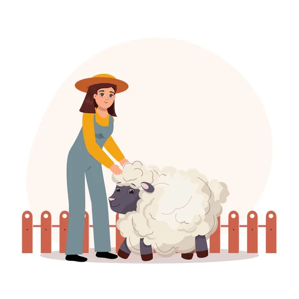 Επίπεδη Απεικόνιση Κινουμένων Σχεδίων Μιας Γυναίκας Που Φροντίζει Ένα Πρόβατο — Διανυσματικό Αρχείο