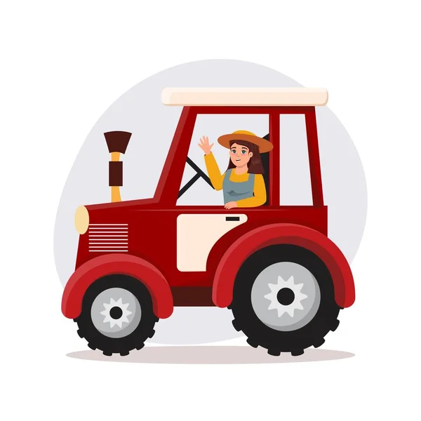 Happy Young Woman Sitting Tractor Waving Farm Agriculture Livestock Rural — Stock Vector