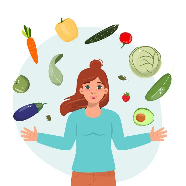 stock vector Happy young woman surrounded by delicious and healthy raw vegetables and fruits. Vegetables, vegetarian, nutrition, health concept. 