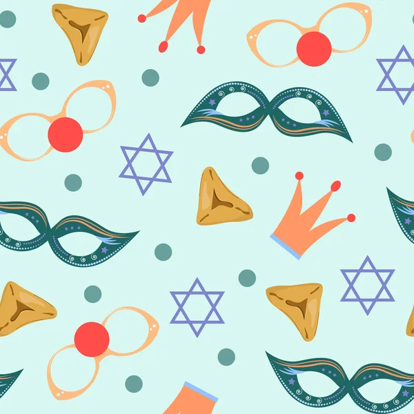 Purim Seamless Pattern Masks Glasses Star David Purim Cookies Blue — Stock Vector