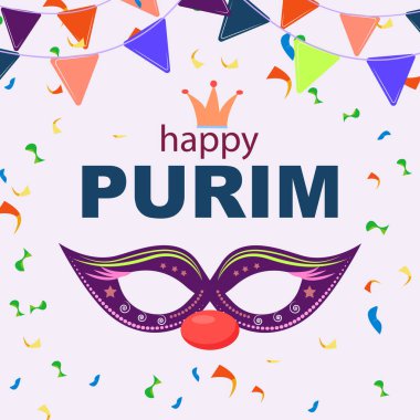 Maskeli ve tacı olan Purim partisi afişi. Kartlar, davetiyeler, el ilanları, arka planlar için.