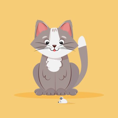 Kedi resimli şirin bir çizgi film. Yanından geçen fareye bakıyor. Vektör illüstrasyonu.