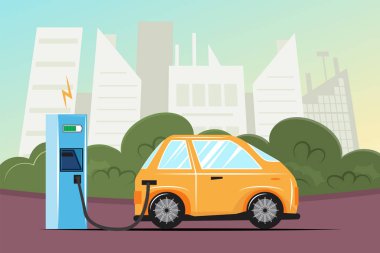 Şehir parkında şarj olan elektrikli bir arabanın modern hızlı çizimi. Elektrik, şarj, elektrik hareketliliği, akıllı araba konsepti