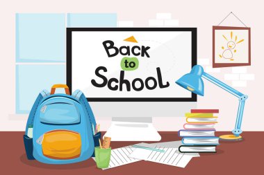 Monitördeki mesaja dönelim. Üzerinde monitör, okul çantası, kalemler, lamba olan ofis masası. Düz vektör karikatür çizimi