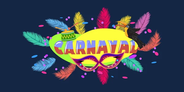 Modello Vibrante Carnevale Brasiliano Con Tucano Tamburi Poster Cartoline Striscioni — Vettoriale Stock