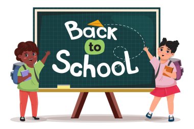 Siyah bir erkek ve beyaz bir kızın karatahtanın yanında hoş karşılandığı güzel bir çizgi film çizimi. Okul illüstrasyonuna dönelim 