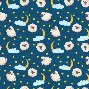 Koyun, ay, bulutlar ve yıldızlarla kusursuz bir desen. Tekstil, ambalaj kağıdı ve ambalaj için harika bir tasarım. Bebek partisi.