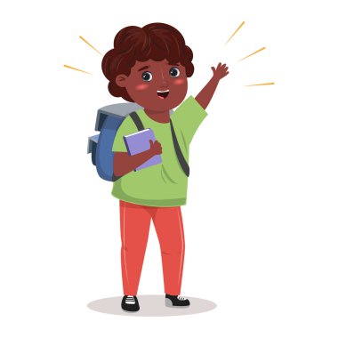 Elinde kitap ve el sallayan siyah bir çocuk. Eğitim, eğitim, okul, okuma danışma