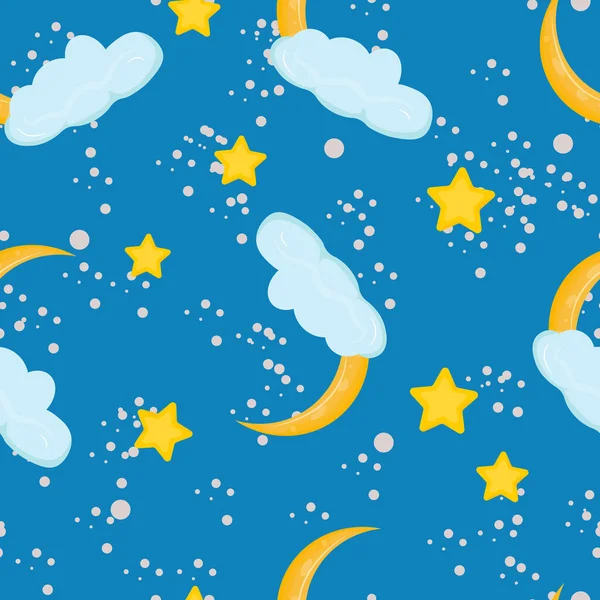 Ay, bulutlar ve yıldızlarla kusursuz mavi bir desen. Tekstil, kağıt, duvar kağıdı, ambalaj için