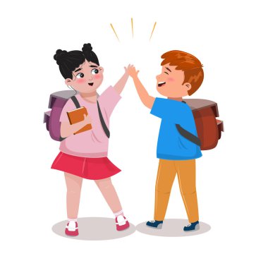 Asyalı ve beyaz çocuk beşlik çakıyor. Çeşitlilik, takım, arkadaşlık konsepti