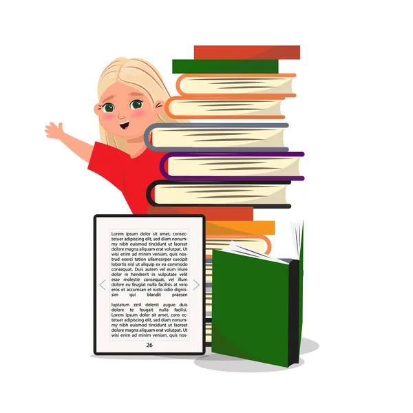 Beautiful Blond White Girl Greeting Pile Books Ebook Reading Education — Stock Vector