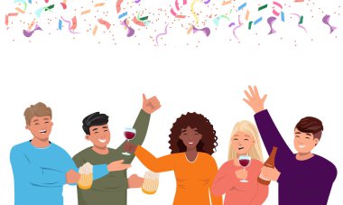 Erkekler ve kadınlar birlikte seviniyor ve kutluyorlar. Çeşitli insanların alkol içtiği bir parti şablonu. Tatil, olay kutlaması konsepti. 