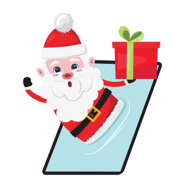 Karikatür Noel Baba karakteri cep telefonundan fırladı ve bir hediye getirdi. Online sipariş ve dağıtım