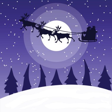 Noel kartında Noel Baba 'nın gece içi hediyelerle dolu kızağıyla gezmesi ve arkadaşlarının kızağı çekmesi.