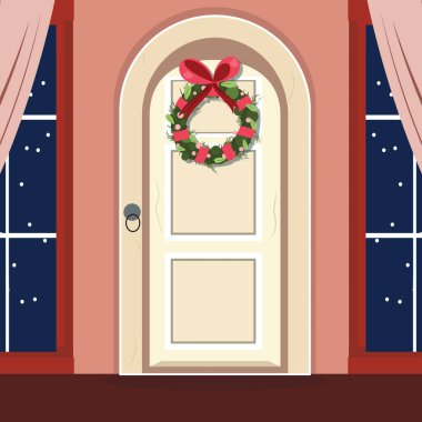 Noel çelengi kapılı ve pencereli bir giriş kapısı olan bir Noel çizimi