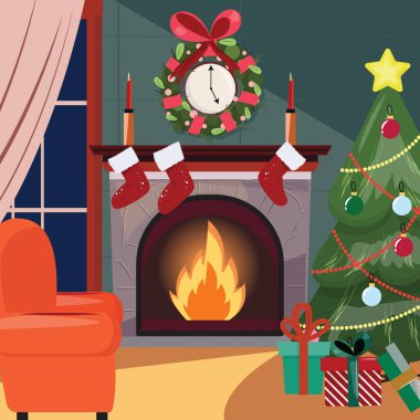 Ortadaki bir şömine, dekore edilmiş Noel ağacı, hediye kutuları ve oturma odasındaki bir koltuk.