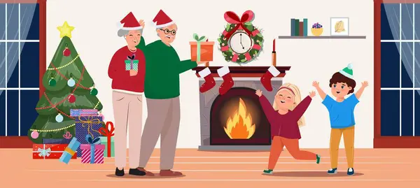Illustration Noël Intérieure Avec Des Grands Parents Donnant Des Cadeaux — Image vectorielle