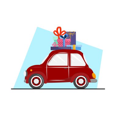 Üzerine bir sürü hediye kutusu taşıyan kırmızı bir arabanın Noel çizimi. Afişler, kartlar, el ilanları, arka planlar, reklamlar için
