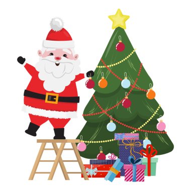 Kırmızı kostümlü Noel Baba Noel ağacını süslüyor ve yanında düz çizgi film tarzında hediye kutuları var..