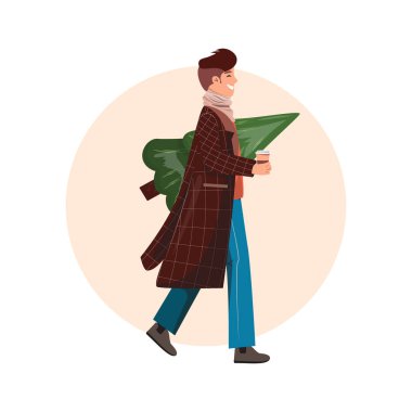 Çizgi filmdeki adam çam ağacı taşıyor ve konsept tasarım için yolda kahve içiyor. Noel tatili. Bayram şenliği