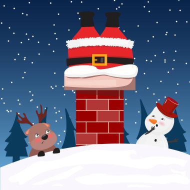 Şirin Noel Baba baca borusuna sıkıştı. Ren geyiği olan bir kardan adam ona bakıyor.