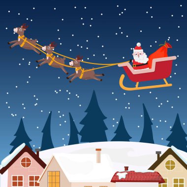 Karlı bir gecede Noel Baba ile kızak çeken ren geyiklerinin olduğu bir Noel resmi.